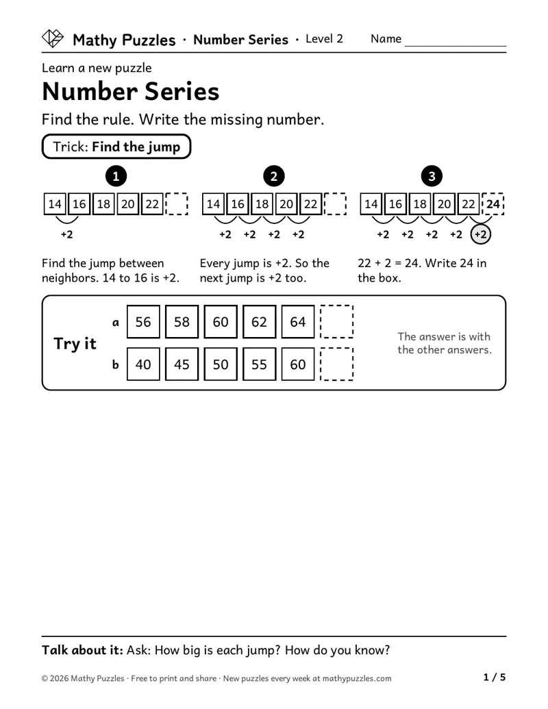 Number Series, Level 2 Learn sheet with a worked example