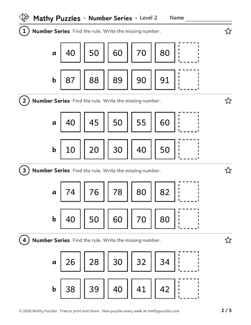 Number Series, Level 2: eight lines of 5 numbers counting on by the same amount, each with an empty box at the end.