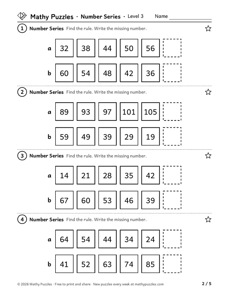 Number Series, Level 3: eight lines of 5 numbers going up or down by the same amount, each with an empty box at the end.