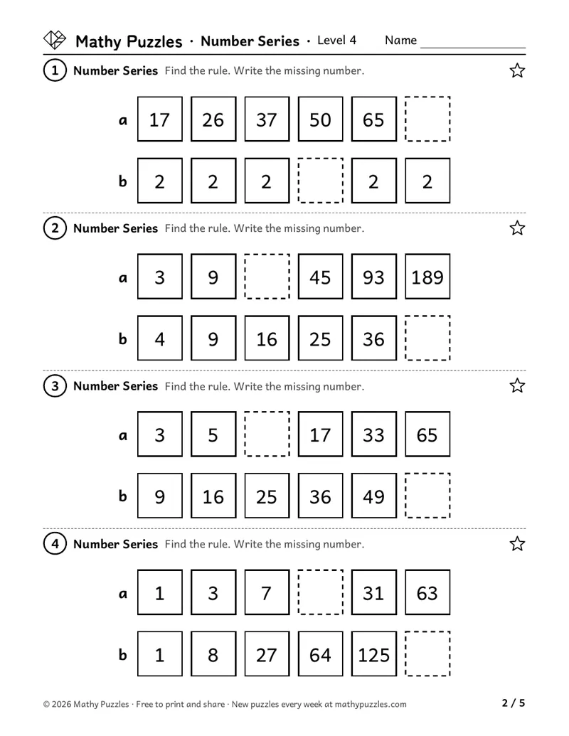 Number Series, Level 4: eight lines of numbers with growing jumps, squares and cubes, each with one empty box.