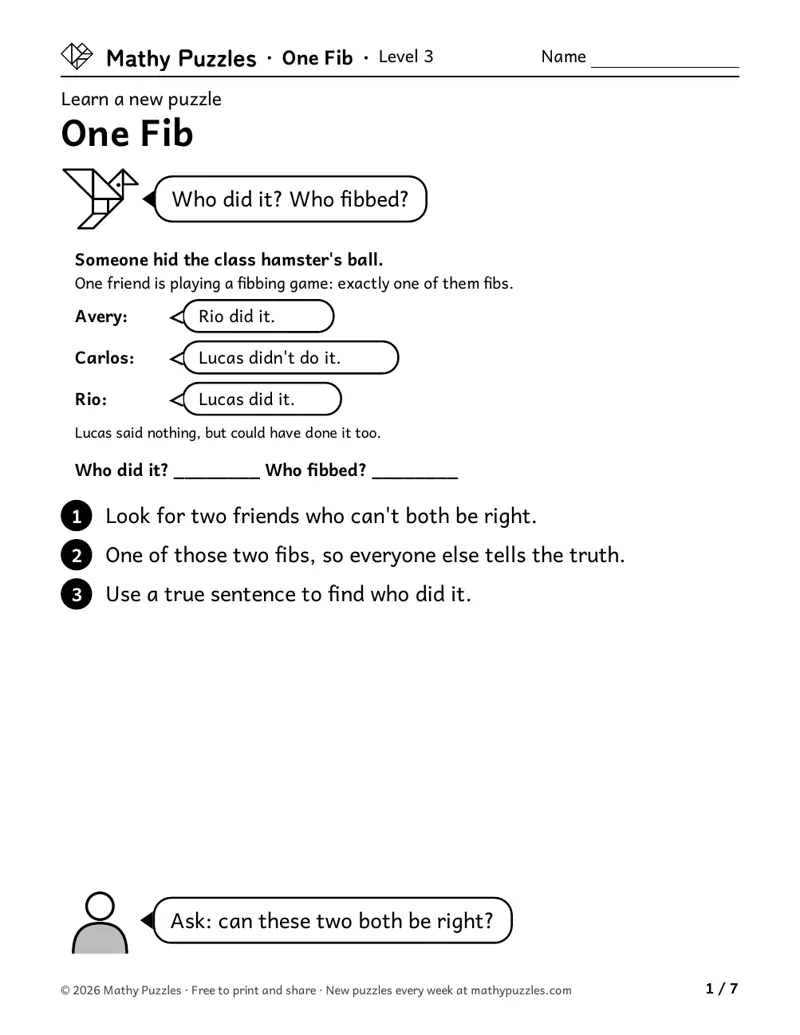One Fib, Level 3 Learn sheet with a worked example