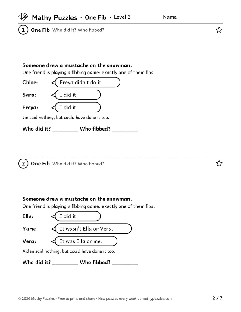 One Fib, Level 3: two puzzles, each three friends with speech bubbles about who did it, and lines for who did it and who fibbed.