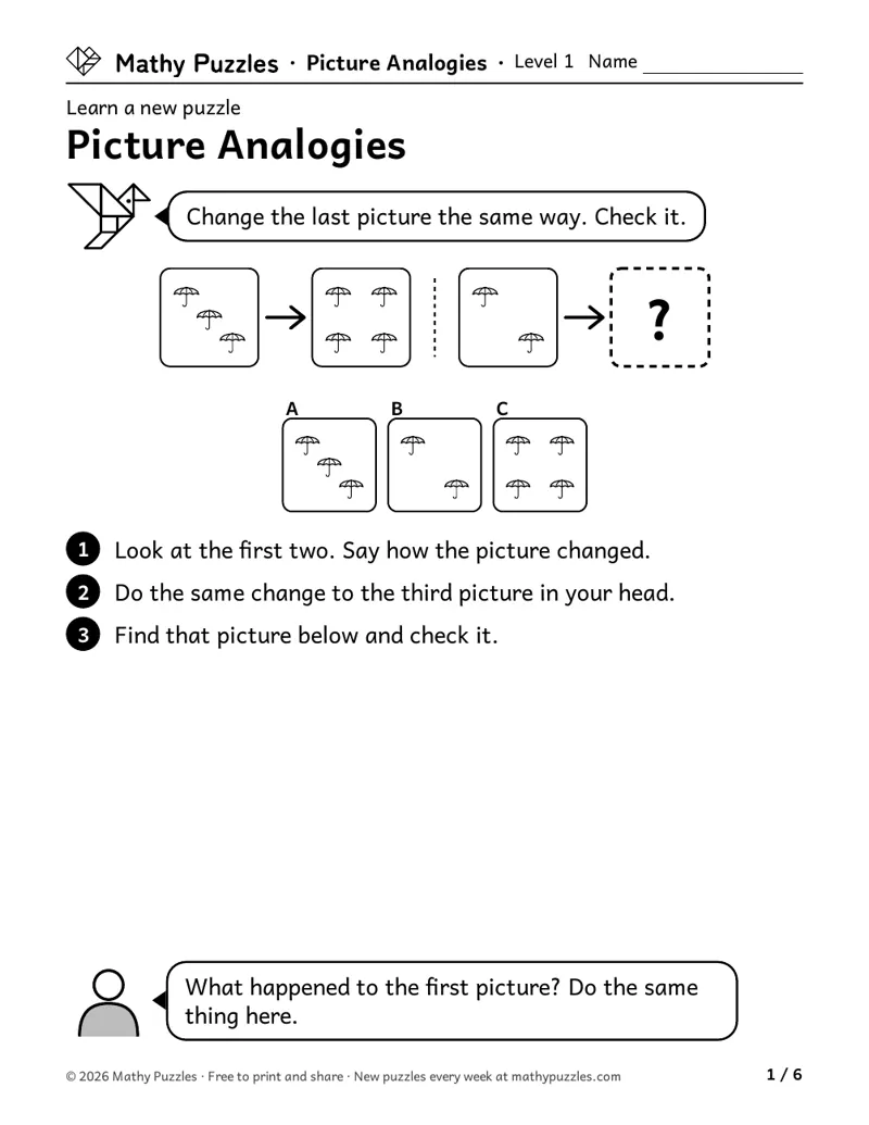 Picture Analogies, Level 1 Learn sheet with a worked example