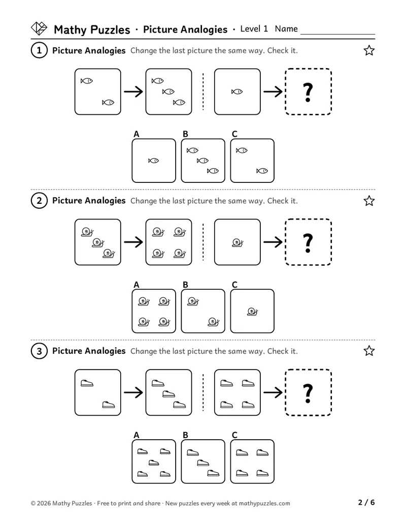 Picture Analogies, Level 1: three rows, each a pair of object pictures showing a change, a third picture and 3 answers to choose from.