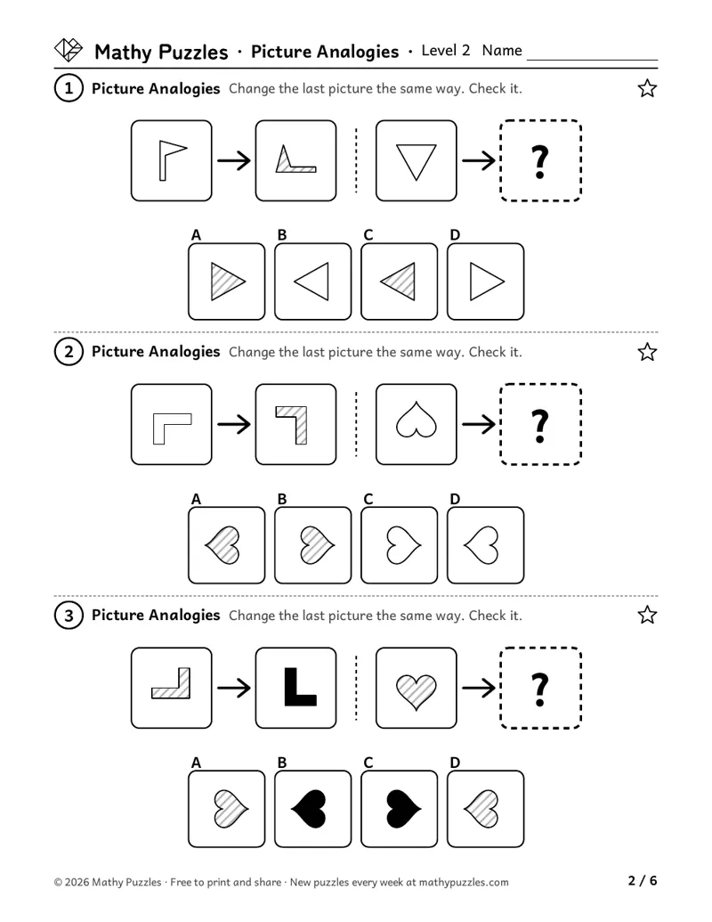 Picture Analogies, Level 2: three rows, each a pair of shapes showing two changes, a third shape and 4 answers to choose from.