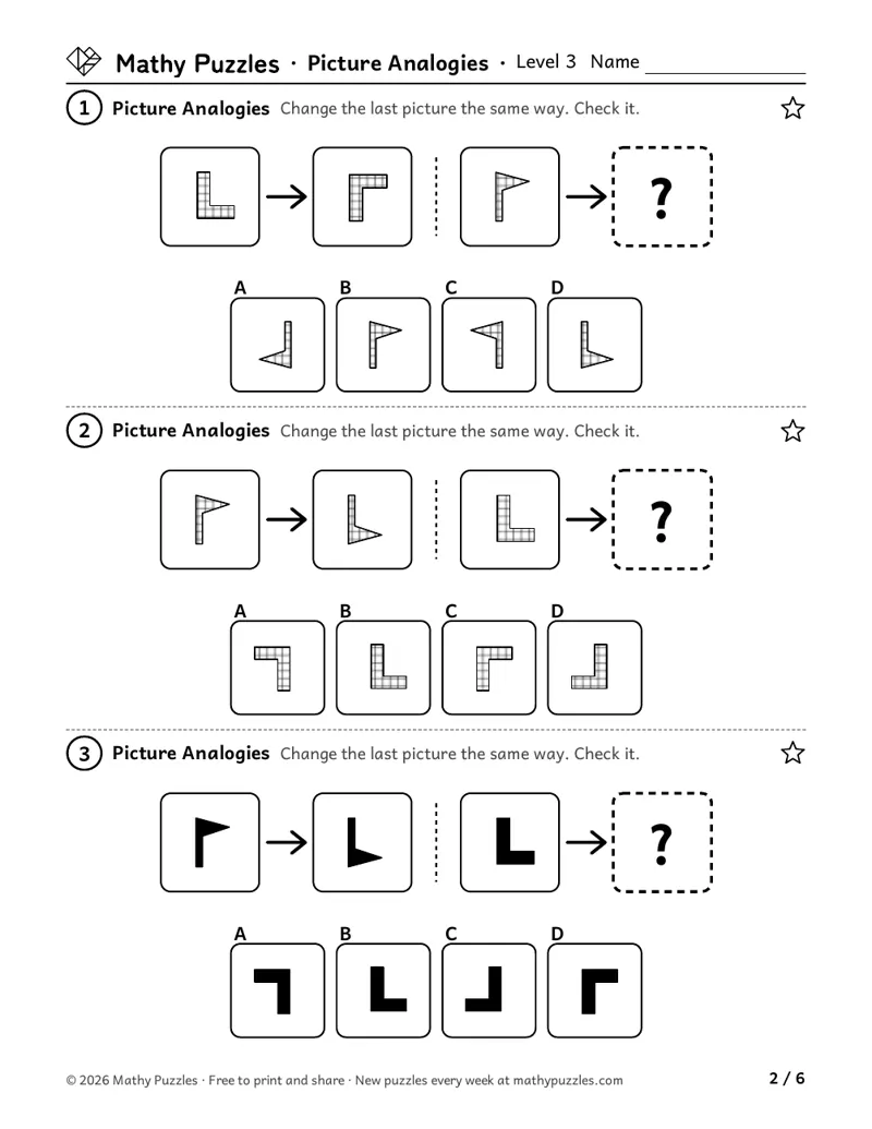 Picture Analogies, Level 3: three rows, each a pair of shapes that flip or turn, a third shape and 4 answers to choose from.