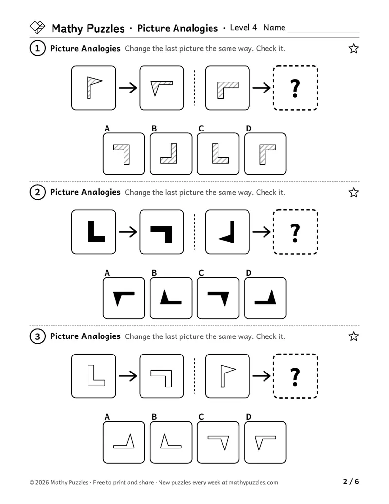 Picture Analogies, Level 4: three rows, each a pair of shapes flipped over a slanted line, a third shape and 4 answers to choose from.