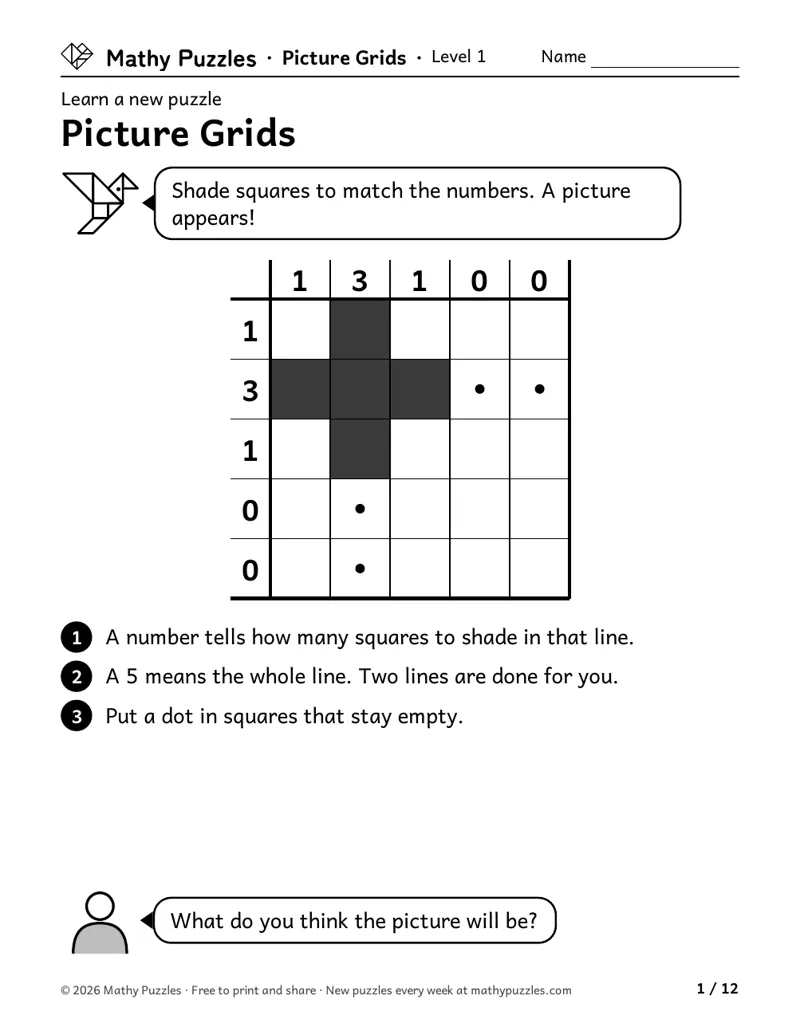 Picture Grids, Level 1 Learn sheet with a worked example
