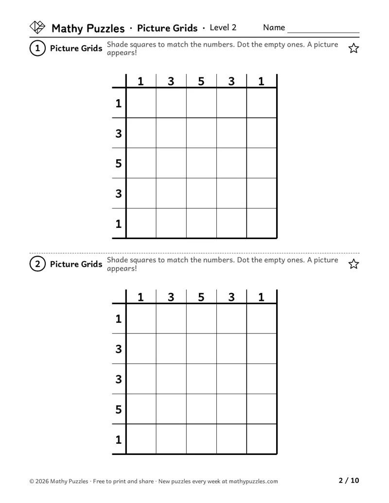 Picture Grids, Level 2: two 5 × 5 grids with one number beside each row and column.