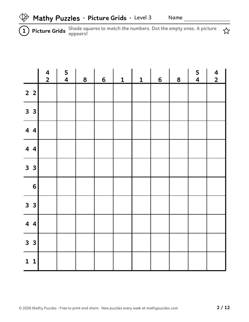 Picture Grids, Level 3: a 10 × 10 grid with one or two numbers beside each row and column.