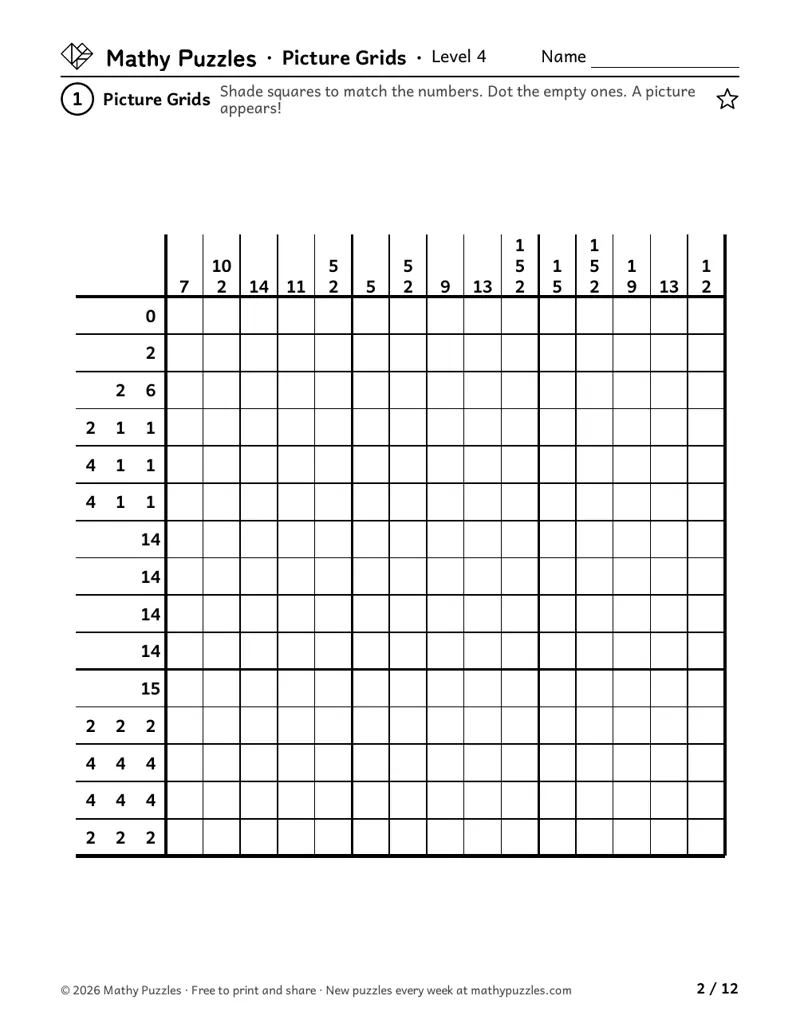 Picture Grids, Level 4: a large grid 15 squares wide with groups of numbers beside each row and column.