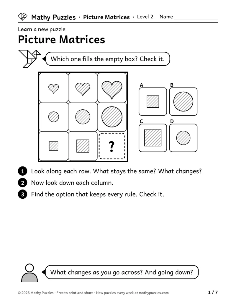 Picture Matrices, Level 2 Learn sheet with a worked example