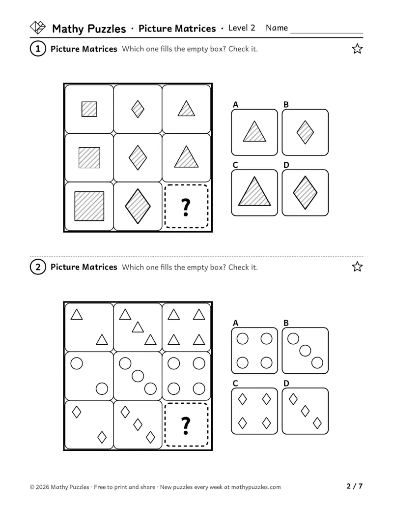 Picture Matrices, Level 2: two 3 × 3 grids of shapes, each with one empty box and 4 answers to choose from.