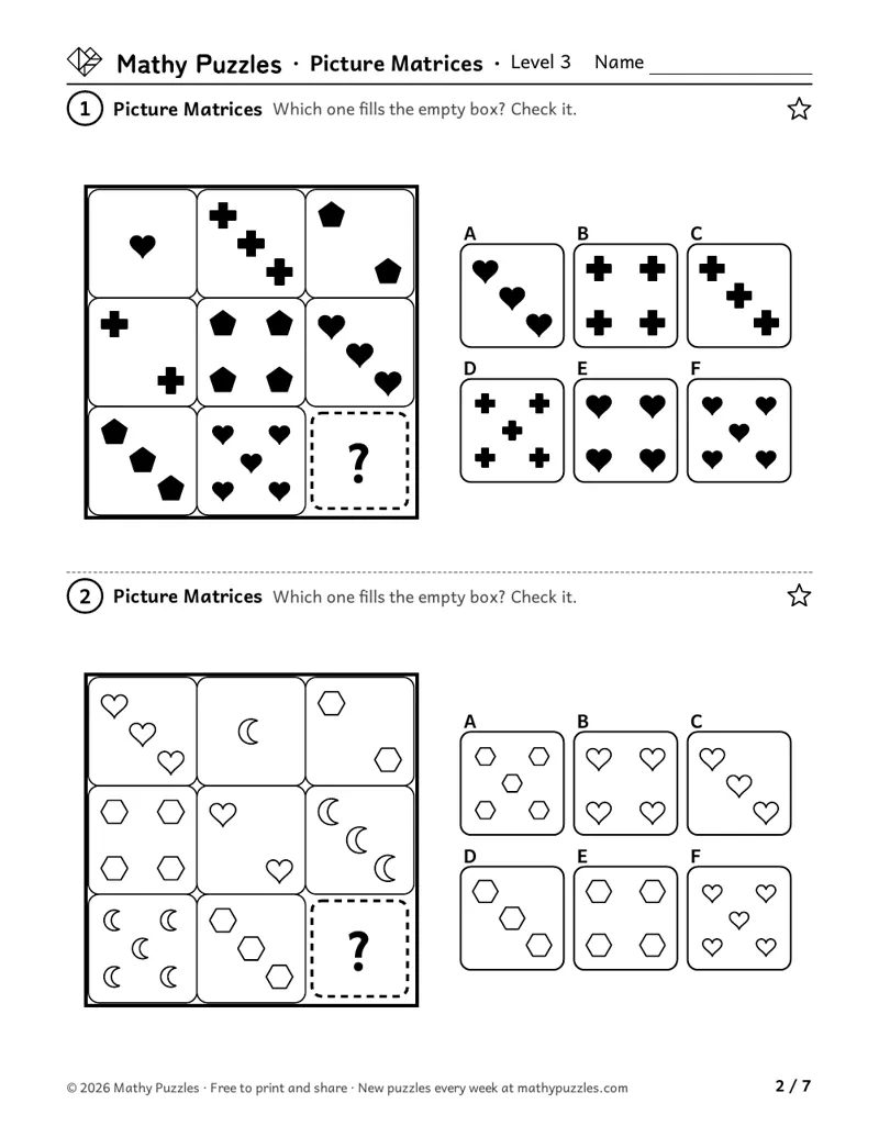 Picture Matrices, Level 3: two 3 × 3 grids of small shapes in different counts, each with one empty box and 6 answers to choose from.