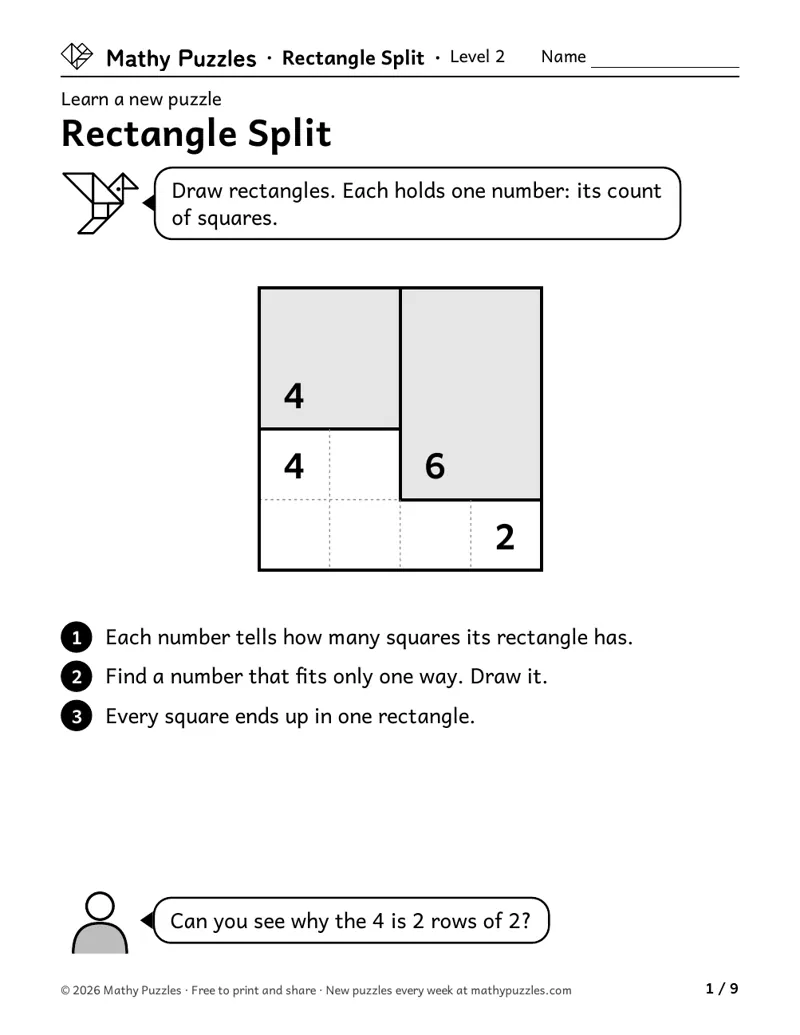 Rectangle Split, Level 2 Learn sheet with a worked example