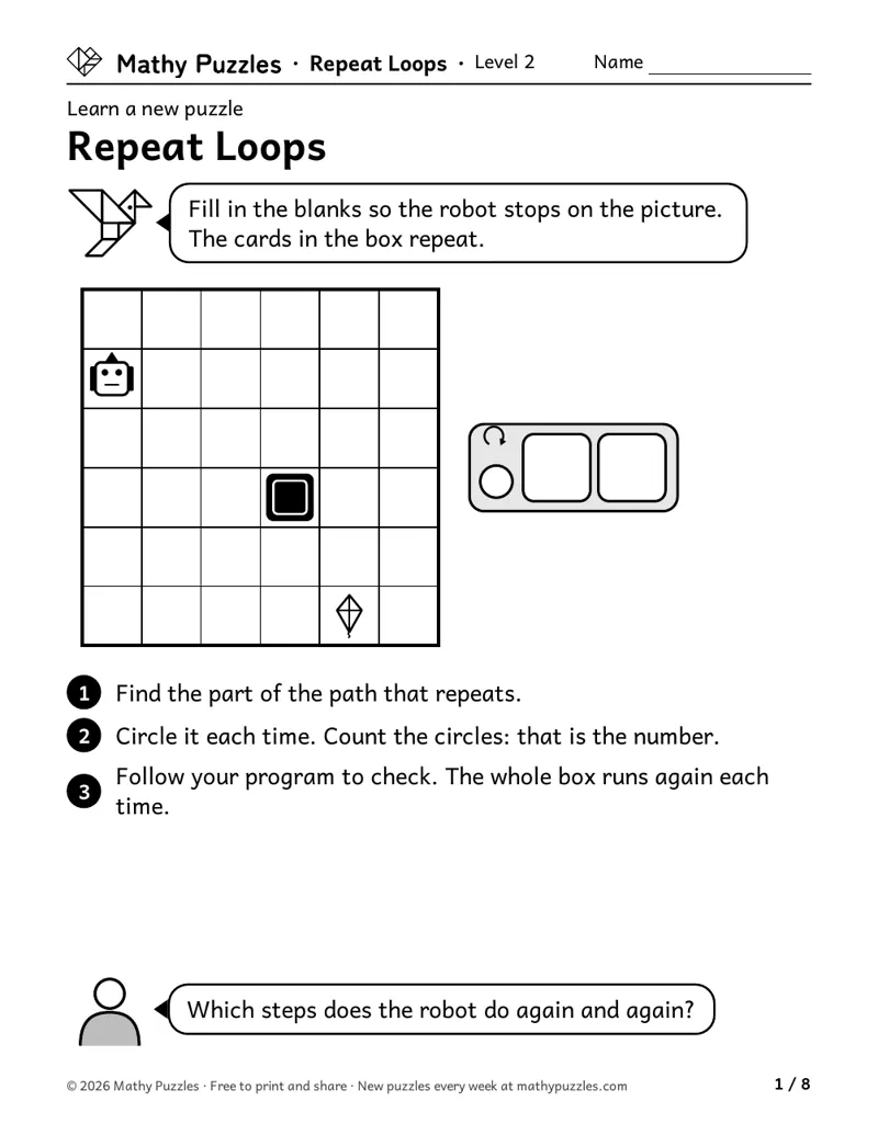 Repeat Loops, Level 2 Learn sheet with a worked example