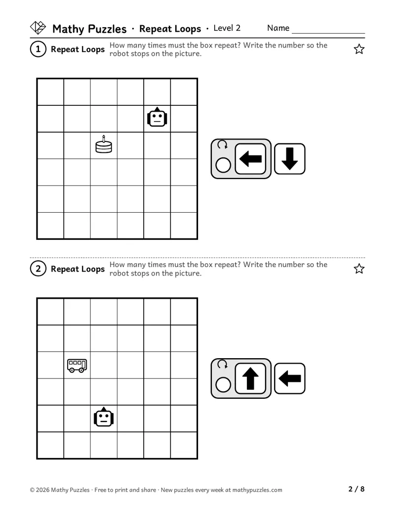Repeat Loops, Level 2: two grids with a robot and a picture, each with a repeat box of arrow cards and a blank for how many times.