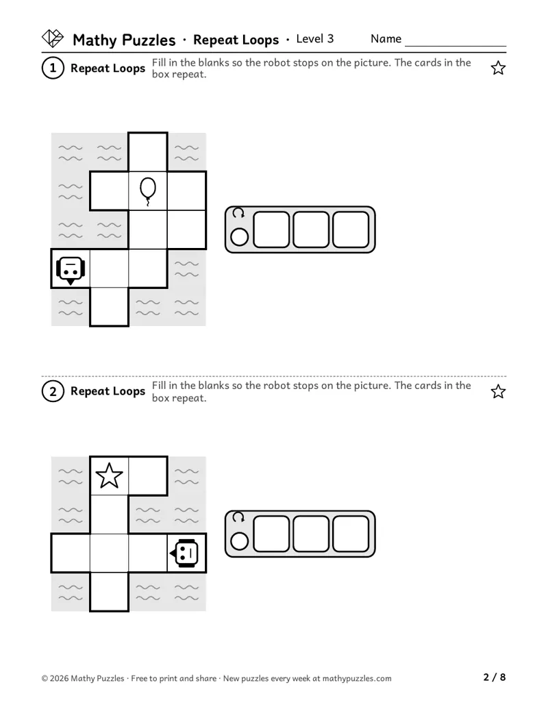 Repeat Loops, Level 3: two path-shaped boards with a robot and a picture, each with an empty repeat box of three cards to fill.
