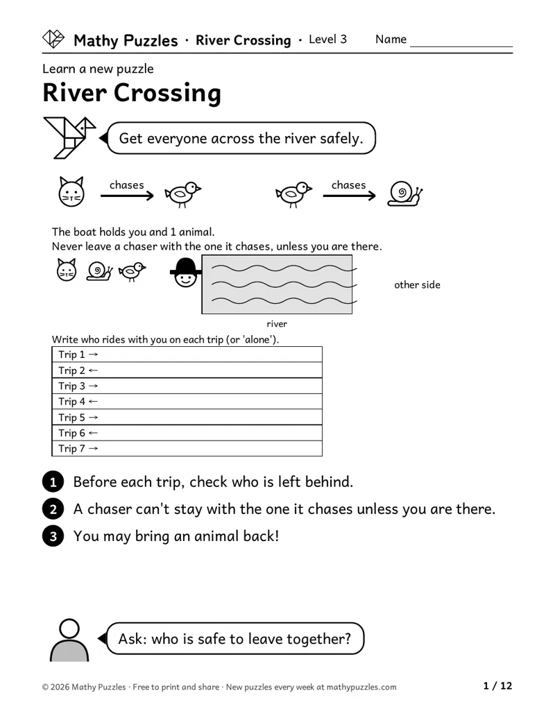 River Crossing, Level 3 Learn sheet with a worked example