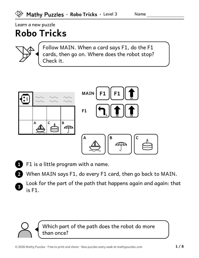 Robo Tricks, Level 3 Learn sheet with a worked example