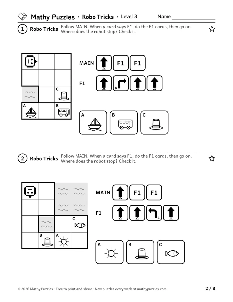 Robo Tricks, Level 3: two small grids with a robot and 3 pictures, each with printed MAIN and F1 card rows, asking where the robot stops.