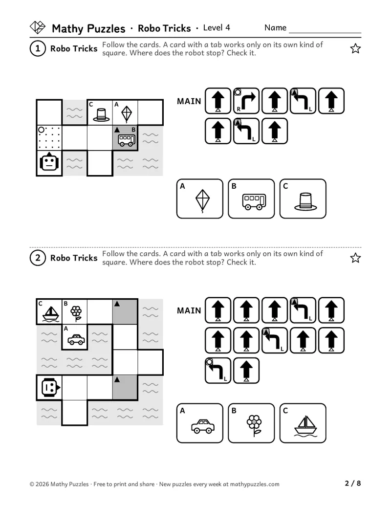 Robo Tricks, Level 4: two path-shaped boards with gray or dotted squares, each with printed MAIN cards and 3 pictures, asking where the robot stops.