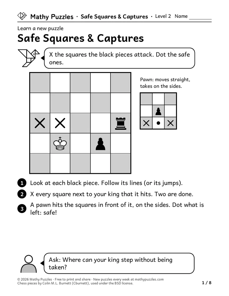 Safe Squares & Captures, Level 2 Learn sheet with a worked example