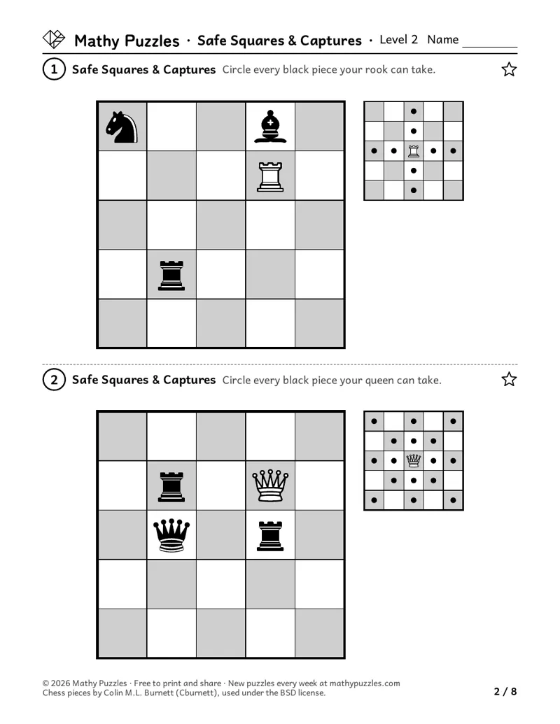 Safe Squares & Captures, Level 2: two 5 × 5 chess boards, each with one white piece among black pieces and a move diagram; circle what it can take.