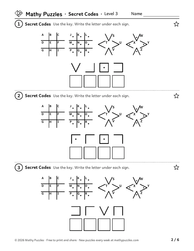 Secret Codes, Level 3: three puzzles, each the pigpen key of letters in grids and Xs, and a 4-sign code with boxes for the letters.