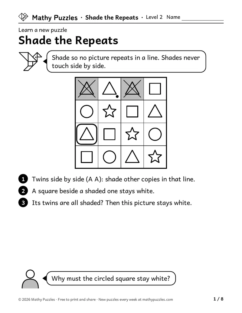 Shade the Repeats, Level 2 Learn sheet with a worked example