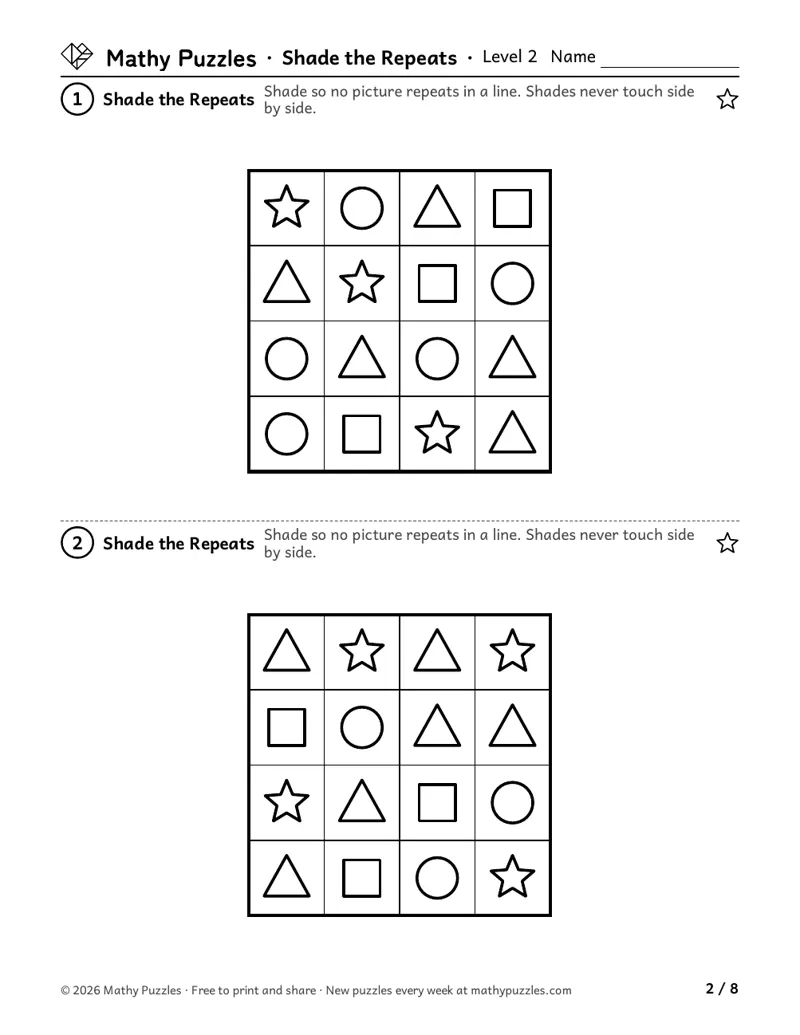 Shade the Repeats, Level 2: two 4 × 4 grids of shapes such as stars, circles, triangles and squares, to shade so no shape repeats in a line.