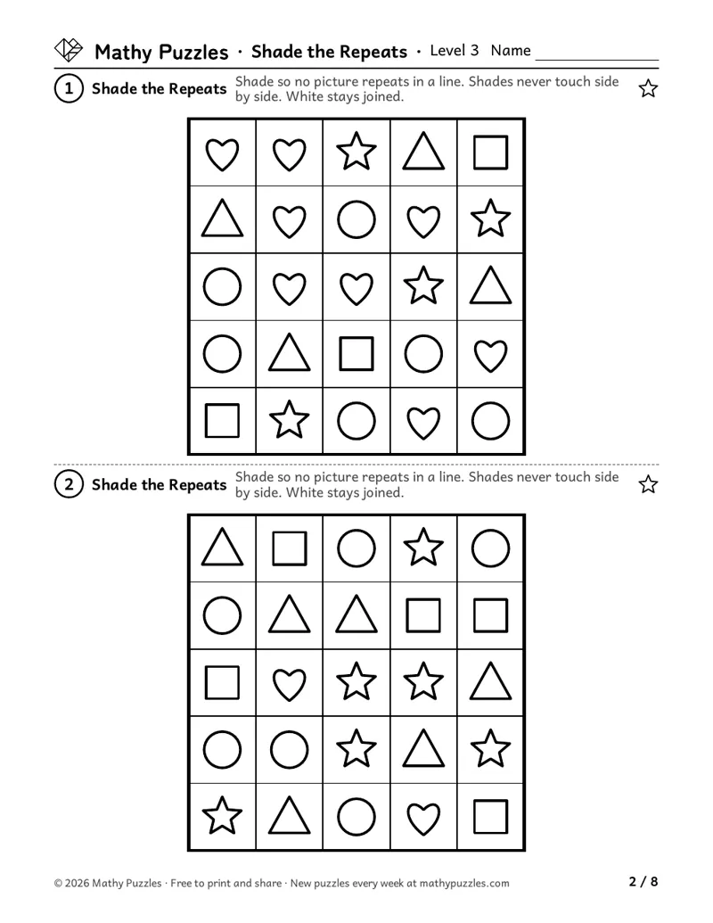 Shade the Repeats, Level 3: two 5 × 5 grids of shapes, to shade so no shape repeats in a line and the white squares stay joined.
