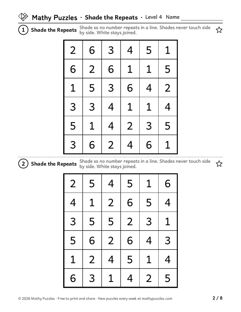 Shade the Repeats, Level 4: two 6 × 6 grids of the numbers 1 to 6, where squares are shaded so no number repeats in a row or column.