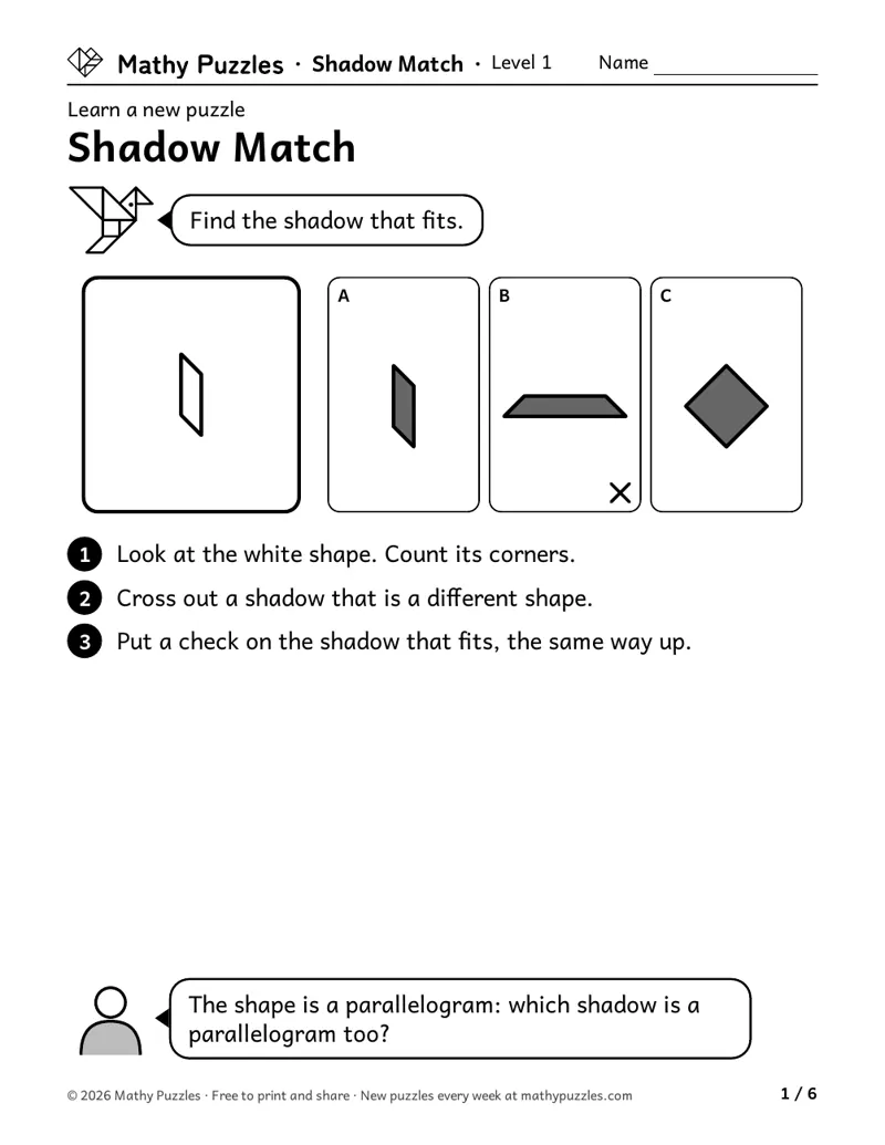 Shadow Match, Level 1 Learn sheet with a worked example