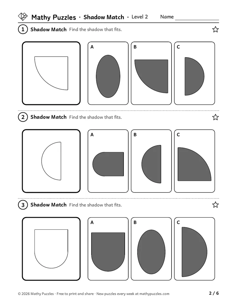 Shadow Match, Level 2: three rows, each a white curved shape with three dark shadows to choose from.