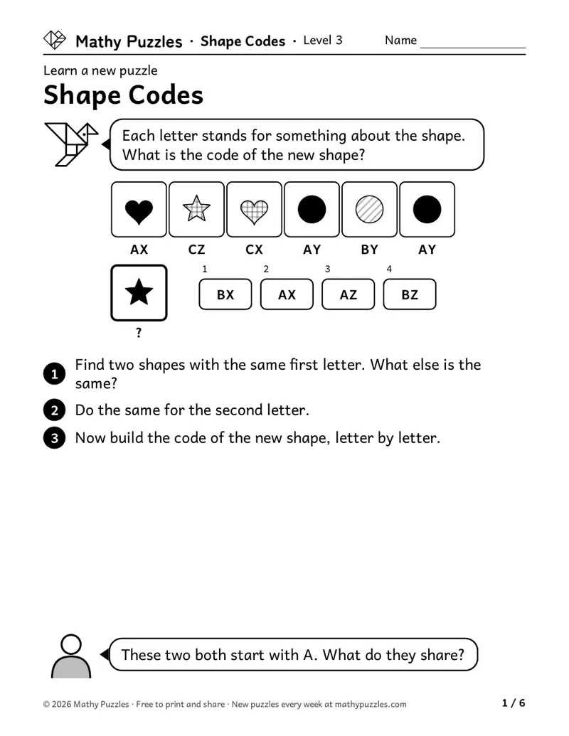 Shape Codes, Level 3 Learn sheet with a worked example