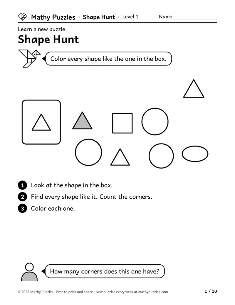 Shape Hunt, Level 1 Learn sheet with a worked example
