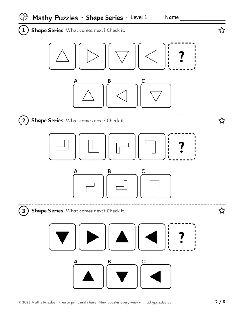 Shape Series, Level 1: three rows of 4 shapes that turn a little each step, each with 3 answers to choose from.