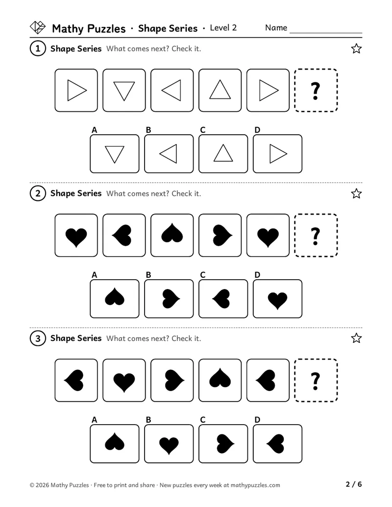 Shape Series, Level 2: three rows of 5 shapes that change each step, each with 4 answers to choose from.