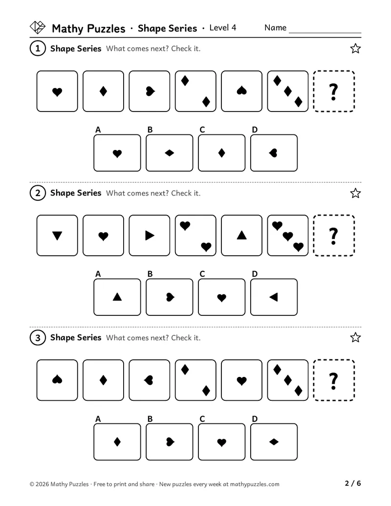 Shape Series, Level 4: three rows of 6 pictures where two rules take turns, each with 4 answers to choose from.
