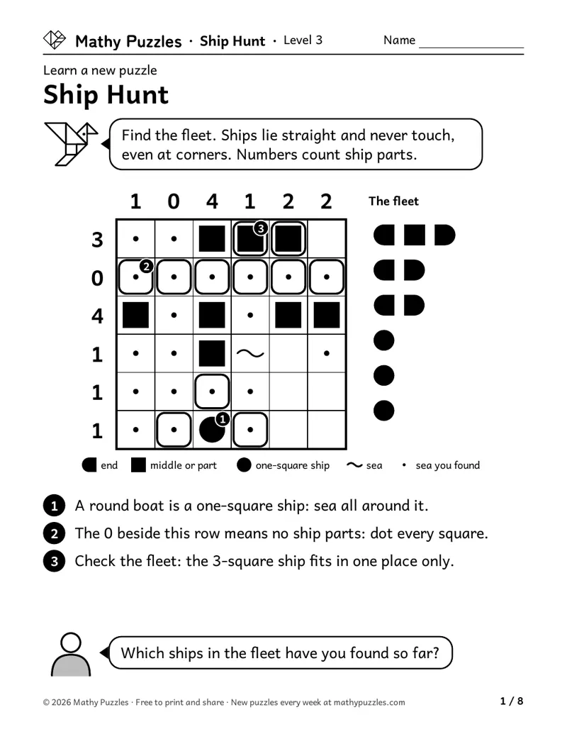 Ship Hunt, Level 3 Learn sheet with a worked example