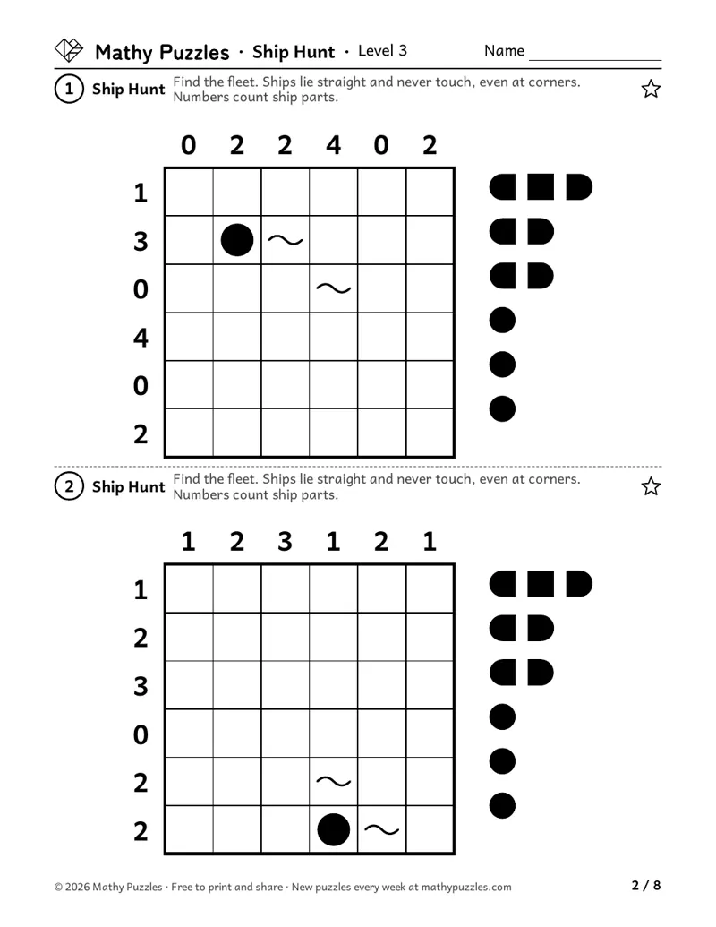 Ship Hunt, Level 3: two 6 × 6 seas with numbers along the top and side, a few squares shown, and the fleet of 6 ships beside each.