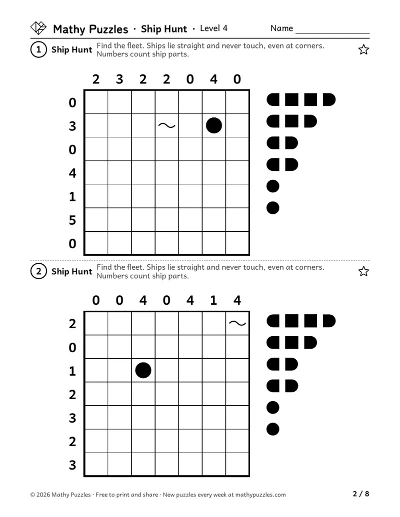 Ship Hunt, Level 4: two 7 × 7 seas with numbers along the top and side, a few squares shown, and the fleet of 6 ships beside each.