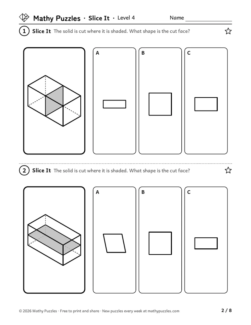 Slice It, Level 4: two drawings of a box shape with the flat cut shaded, each with 3 drawn faces to choose from.