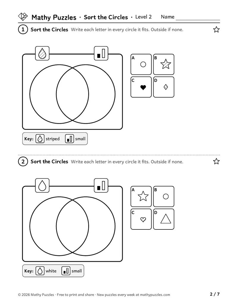 Sort the Circles, Level 2: two pairs of overlapping circles, each circle with its own picture card, and 4 lettered pictures to place.