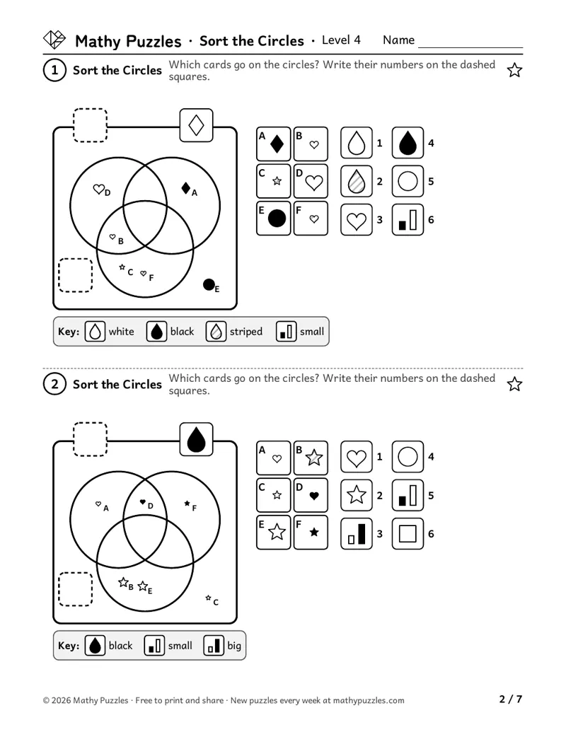 Sort the Circles, Level 4: two sets of three overlapping circles with the pictures sorted, one card shown and the others to find from 6.