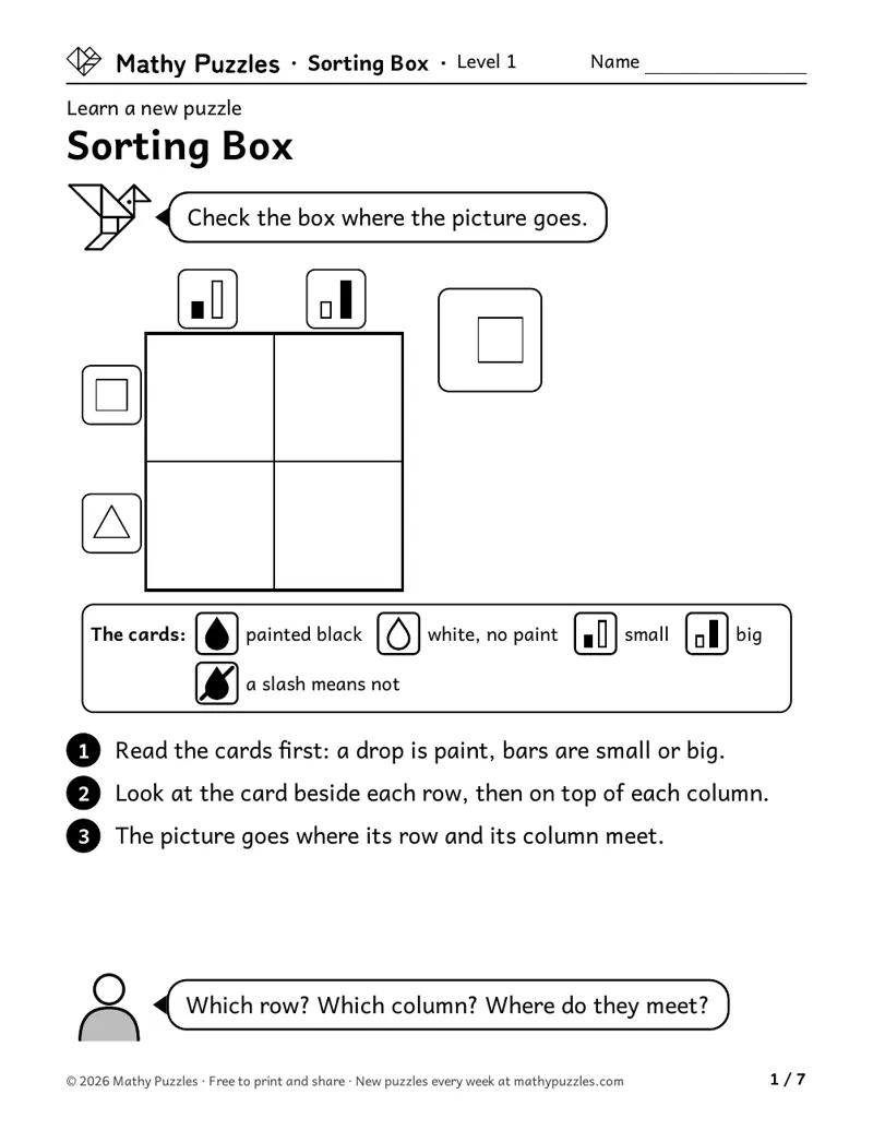 Sorting Box, Level 1 Learn sheet with a worked example