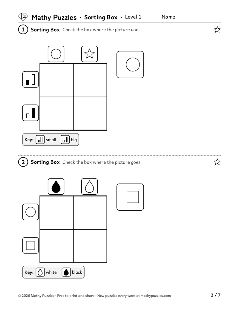 Sorting Box, Level 1: two 2 × 2 boxes with a picture card on each row and column, and one picture to place.