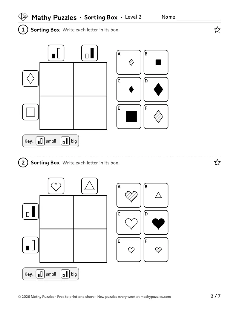 Sorting Box, Level 2: two 2 × 2 boxes with row and column cards, and 6 lettered pictures to write in their squares.
