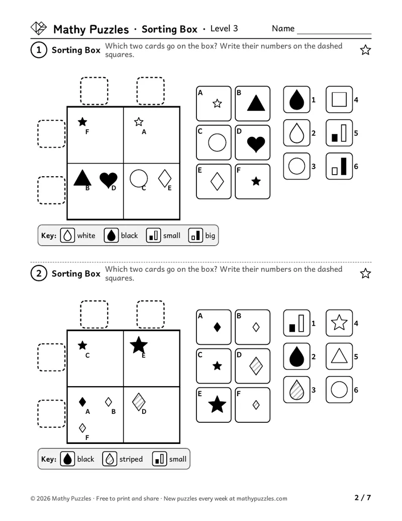 Sorting Box, Level 3: two 2 × 2 boxes with the pictures already sorted, and 6 cards to choose the row and column cards from.